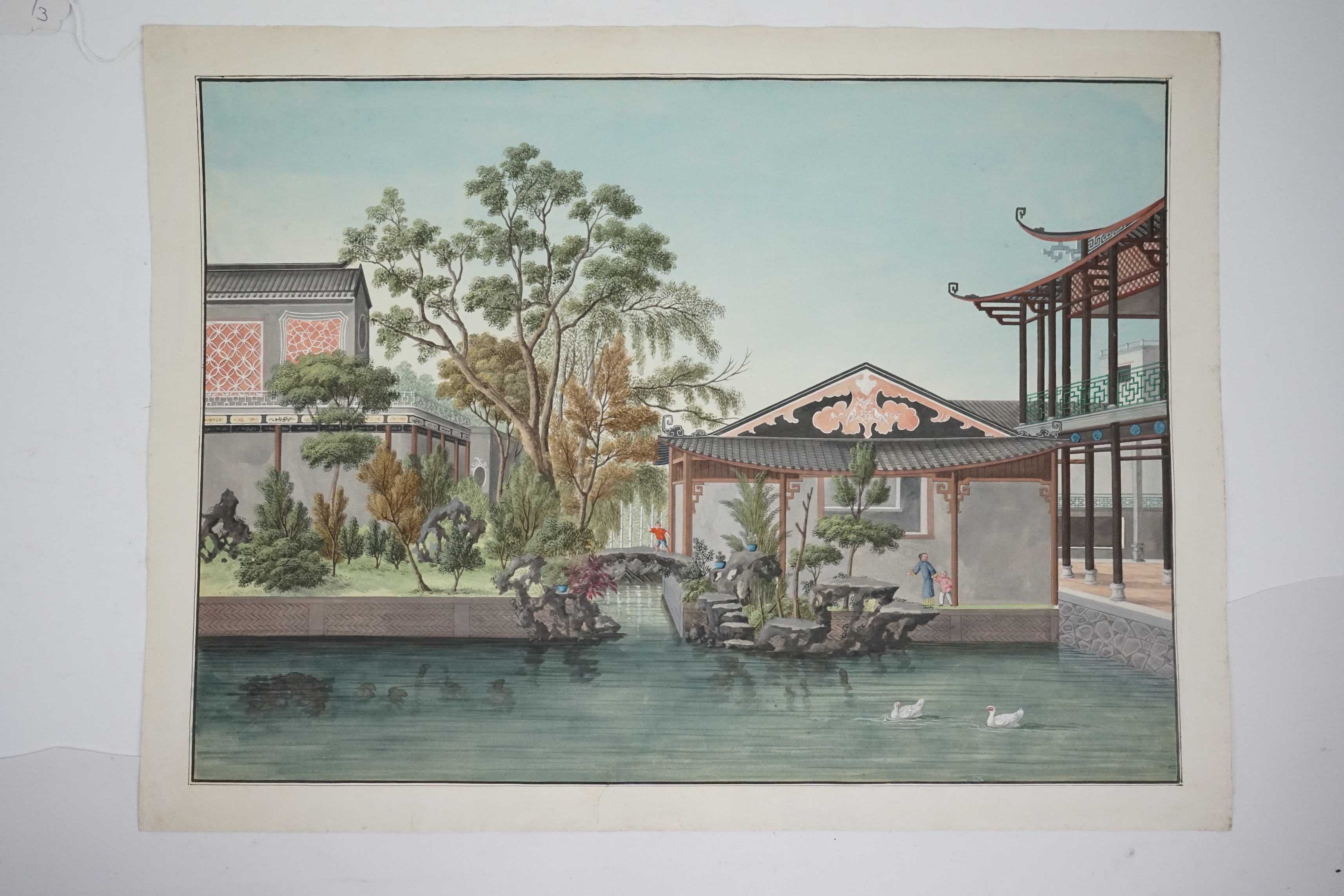 Circle of Tingqua, Guangzhou School, c.1820, watercolour on paper, palace garden scene